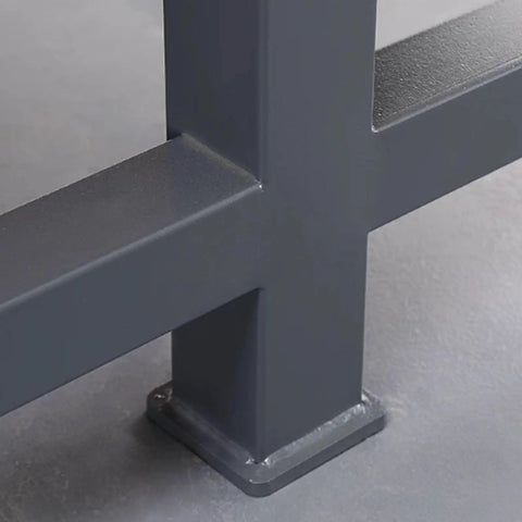 Close-up of the sturdy leg design of the Heavy Hitting Steel Top Workbench Built Like a Tank With an 8mm Impact Resistant Plate.