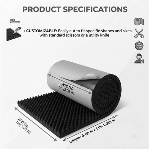 Heavy Duty Soundproof Wedge Foam Wall Panels For Home Studio Acoustic Treatments Peel And Stick Noise Reduction Insulation Roll shown with specifications.