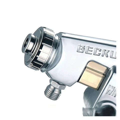 Pro Level Stainless Steel Pneumatic Paint Spray Gun That Cuts Through The Grind With Zero Sweat For A Flawless Coat On Furniture Aircraft And Diy Backyard Builds close-up of atomizing cap and nozzle.