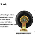 Rolls Like Butter 10 Inch Pneumatic Caster Wheels With Soft Rubber Tires Over Steel Cores And Precise Ball Bearings front view with dimensions.