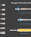 Pro Grade 3D Printing Heat Set Insert Kit With M2 Through M8 Threaded Inserts And Soldering Iron Tips, Fully Compatible With C245 Soldering Iron, No Fuss For Precise Heat Set Installations And Flawless Threads usage guide showing screw on and off tips.