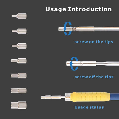 Pro Grade 3D Printing Heat Set Insert Kit With M2 Through M8 Threaded Inserts And Soldering Iron Tips, Fully Compatible With C245 Soldering Iron, No Fuss For Precise Heat Set Installations And Flawless Threads usage guide showing screw on and off tips.