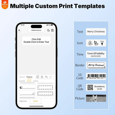 Portable Bluetooth Thermal Label Printer With Included Tape Inkless Sticker Maker For Home Organization And Small Business customizable print template on smartphone.
