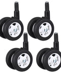 Four Pack White Twin Swivel Caster Kit For Baby Walker Replacement Wheels Runs Slick On Any Floor Premium Built Zero Fuss Easy Swap Stroller Parts, showing black twin wheels with white centers.