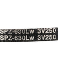 SPZ-630 Drive V Belt Neoprene Rubber Transmission Belt 630mm Pitch Girth 10mm Wide 8mm Thick 40 Degree Angle Heavy Duty Oil and Water Resistant for Industrial Power Transmission Systems, black marked belt close-up