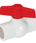Heavy Duty 3/4 X 3/4 Inch Schedule 40 PVC Quarter Turn Ball Valve With Slip Fit Ends Rated At 150 Psi Dead Tight Drip Proof Choice For Zero Fuss Plumbing Setup with red handle.