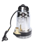 Heavy Duty Workhorse Drainage Sump Pump With Solid Stainless Steel Body And No Sweat Operation For Agricultural Garden Basement And Farm Flooding Featuring Rock Solid 26 Foot Lift And Smooth 180 Watt Kick, showing a stainless steel body and electric connection.