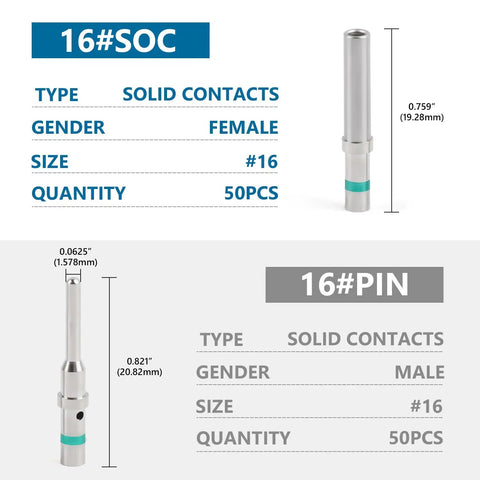 50 Pairs Size 16 DT Deutsch Pin Connector Kit With Nickel Plated Solid Contacts, female and male pin size comparison, green stripe.