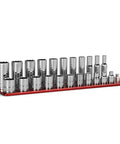 3/8 Inch Drive 12 Point Socket Set Shallow And Deep SAE 1/4 To 7/8 Inch 22-Piece With Billet Aluminum Rail on white background