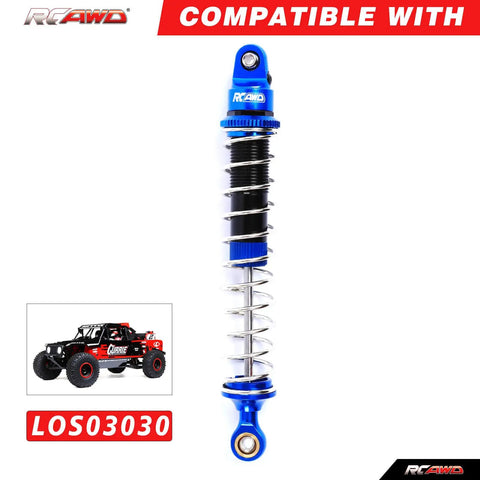 Aluminum Shock Absorbers With Spare Springs Front And Rear, 6-Piece Upgrade Kit For Losi 1/10 Baja Rey Hammer Rey U4 RC Off-Road Truck, CNC Machined 6061-T6 Aluminum, Dark Blue, showing single shock with details.