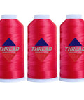 Three red polyester machine embroidery thread spools, 120D/2, 5,000M each, professional grade for commercial and home use