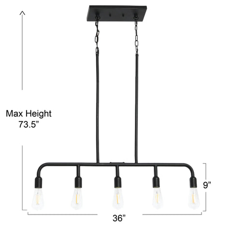 Exposed Bulb Five Light Linear Chandelier In Matte Black Metal hanging with 24 inch chains and 12 inch rods, no bulbs included