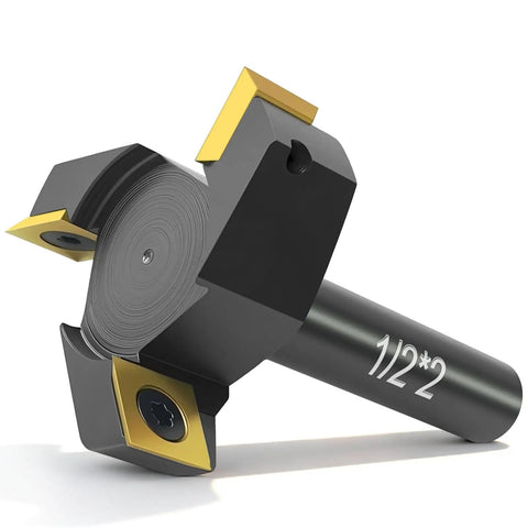 Beefy 1/2 Inch Shank Slab Flattening Router Bit With 2 Inch Cutting Diameter And 3-Wing Coated Carbide Inserts, side view