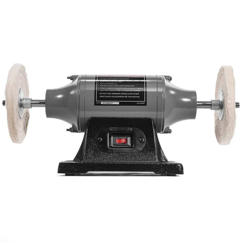 6 Inch Electric Polisher Benchtop Buffer Grinder with Dual Buffers and Half HP Motor, cast iron base, front view
