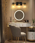 Dope Three Light Vintage Industrial Bathroom Vanity Light Over Mirror In Gold And Black With Clear Glass Shades above vanity