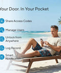 Man on beach using smartphone to control Ubolt Dope WiFi Smart Lock With Door Sensor And Built In Keypad Deadbolt For Front Door Remote Control Auto Lock Compatible With Alexa Google SmartThings Easy Install Matte Black.