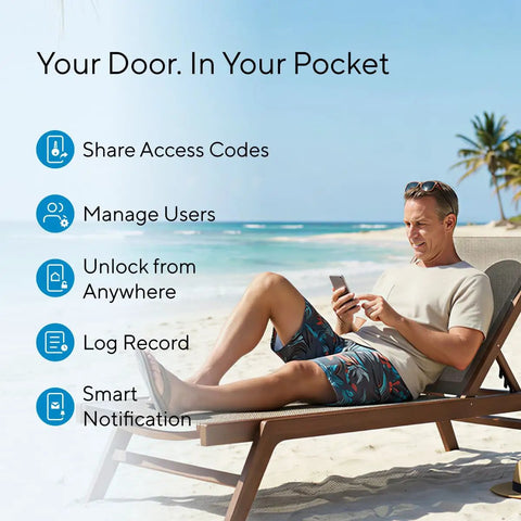 Man on beach using smartphone to control Ubolt Dope WiFi Smart Lock With Door Sensor And Built In Keypad Deadbolt For Front Door Remote Control Auto Lock Compatible With Alexa Google SmartThings Easy Install Matte Black.