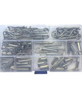 132Pcs 304 Stainless Steel Clevis Pins Cotter Pins R Clips Assortment Kit With 15 Sizes in a clear compartmentalized box