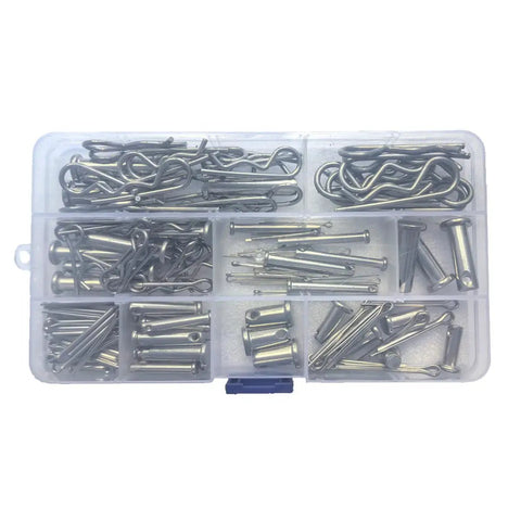 132Pcs 304 Stainless Steel Clevis Pins Cotter Pins R Clips Assortment Kit With 15 Sizes in a clear compartmentalized box