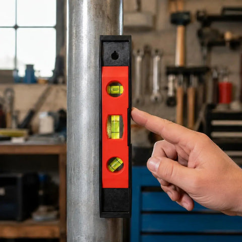 Spirit Level, 3, 30CM in use against a metal pole, bright red and black, manual leveling tool for DIY projects.
