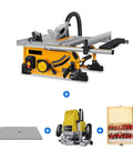 Badass Compact 8 Inch Portable Table Saw With Advanced Dust Catcher on a table showing accessories and precise guide rail.