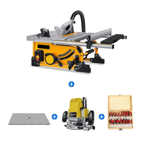 Badass Compact 8 Inch Portable Table Saw With Advanced Dust Catcher on a table showing accessories and precise guide rail.