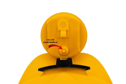 Close-up of On/Off button on Yellow Hard Hat With Light For Construction Cosplay, Adjustable Miner Helmet, Gold Miner Costume Accessory