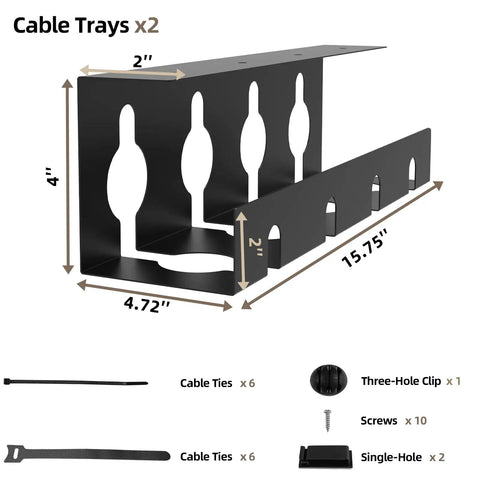 Two Pack 15.75 Inch Metal Under Desk Cable Management Tray For Office And Home, Desk Cord Organizer, Wire Raceway, Hidden Power Strip Storage