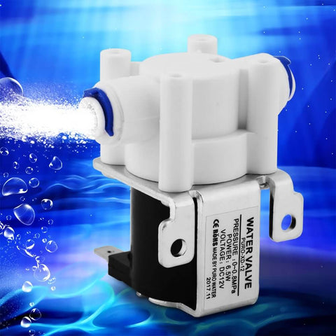DC 12V Solenoid Valve Normally Closed For Water Purifier and Filter Systems with Copper Coil and Plastic Body, spraying water.