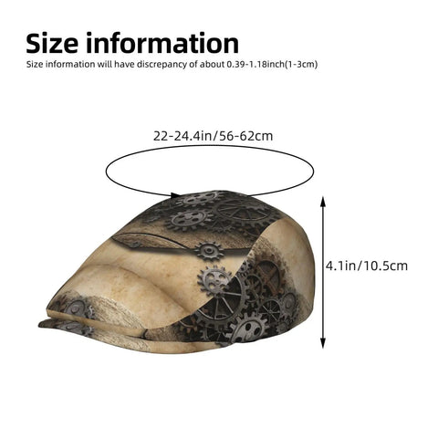 Cool Custom Fit All Over Print Newsboy Cap With Adjustable Twill Buckle And Soft Sweatband For Ultimate Sun Shield Style That Keeps You Dry In Any Weather, showing size dimensions.