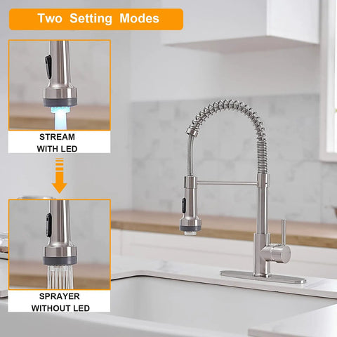 Brushed Nickel Pull Down Kitchen Faucet With Two Function Sprayer, Stream And Spray, Pause Feature, 360 Degree Swivel, High Arc Spout