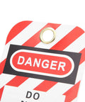 Close-up of Heavy Duty Lockout Tagout Tags 10 Pack Built Tough For Real Job Sites with red and white design and grommet.