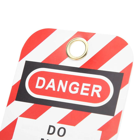 Close-up of Heavy Duty Lockout Tagout Tags 10 Pack Built Tough For Real Job Sites with red and white design and grommet.