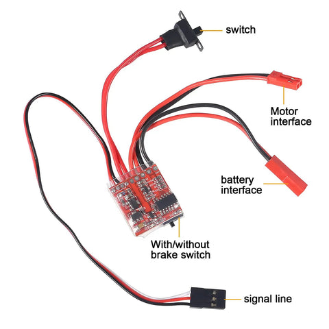 20A Brushed RC ESC with 2KHz Forward Reverse Brake for 2S RC Cars, Boats, and Tanks, showing switch and motor, battery interfaces