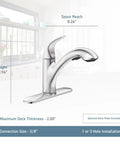 Medina Spot Resist Stainless One Handle Pull Out Kitchen Faucet With Power Clean Sprayer shown with dimensions and installation specs.