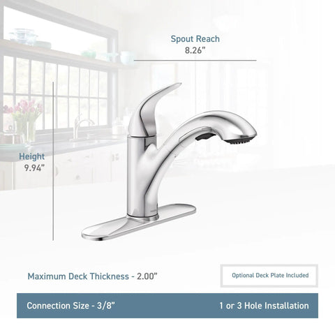 Medina Spot Resist Stainless One Handle Pull Out Kitchen Faucet With Power Clean Sprayer shown with dimensions and installation specs.