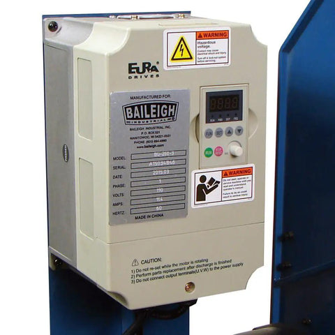 Heavy Duty Three Wheel Belt Grinder Plugs Straight Into Standard 110v Outlet And Serves Up Hella Smooth Variable Speed Tuning Up To 8000 Fpm control panel with user interface and warning labels.