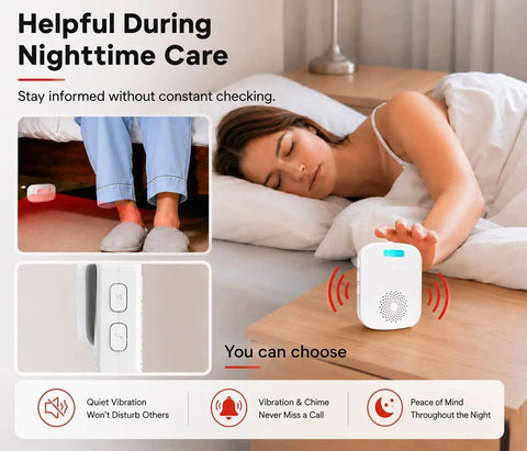 Bed Alarm System For Wandering Seniors And Dementia Patients Portable Pager With Wireless Motion Sensor Silent Vibration Alerts on bedside table