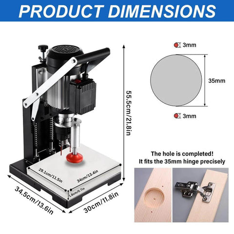Front view of Amazon 45-9.5mm manual hinge drilling machine for wood, 1100W, 2840RPM