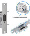 Diagram of NC fail-safe electric strike lock from Outdoor RFID Access Control Kit with dimensions and terminal wire connector.