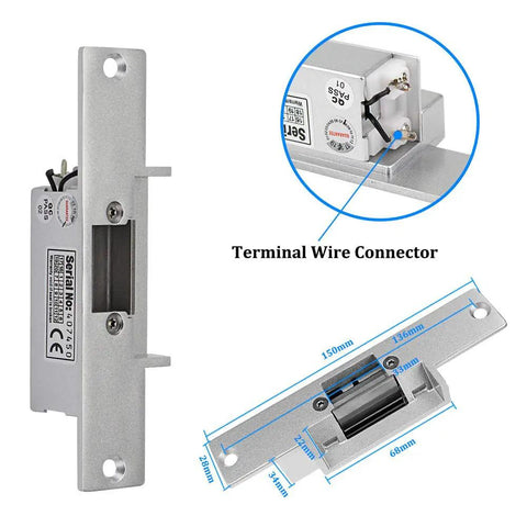 Diagram of NC fail-safe electric strike lock from Outdoor RFID Access Control Kit with dimensions and terminal wire connector.
