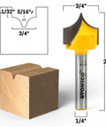 Groove Point Roundover Router Bit Set For Woodworking, 4 Bit Bundle With 1/4 Inch Shank, Radii Of 3/32 5/32 7/32 And 5/16, Flat Point 1/16 Sharp, C3 Micro-Grain Premium Carbide, Great For Faux Panel Doors And Decorative Moldings shown with wood block and dimensions