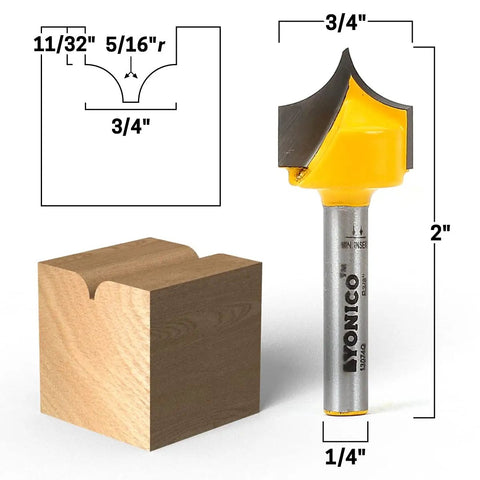 Groove Point Roundover Router Bit Set For Woodworking, 4 Bit Bundle With 1/4 Inch Shank, Radii Of 3/32 5/32 7/32 And 5/16, Flat Point 1/16 Sharp, C3 Micro-Grain Premium Carbide, Great For Faux Panel Doors And Decorative Moldings shown with wood block and dimensions