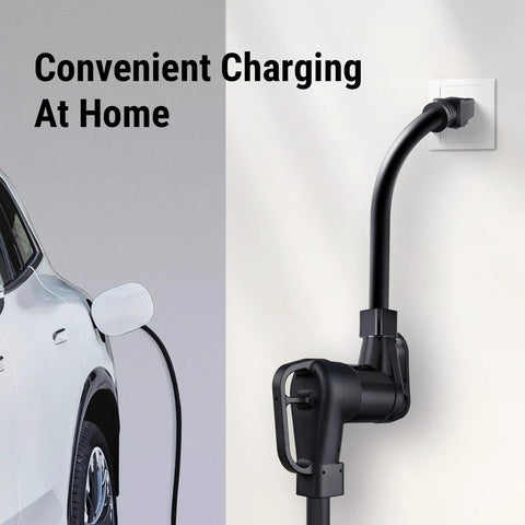 Make Sure Your Daily Grind Is Set With This Rugged NEMA 5-15P To 14-50R Adapter Cord That Locks Securely Into Any Standard 40 Amp Wall Socket For Quick Level One EV Juice Top Ups Anytime Without The Stress, black adapter cord connecting to EV.