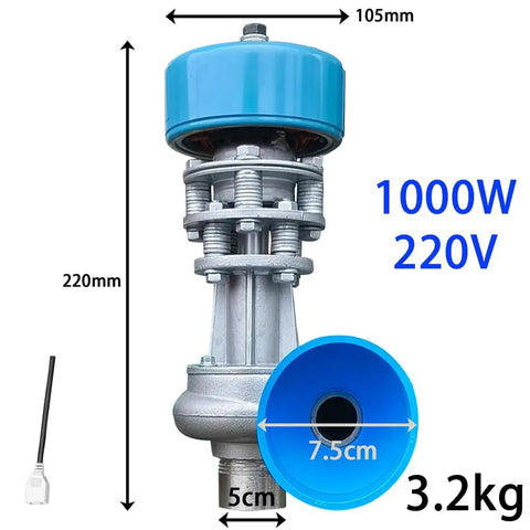 Front view of 1000W Micro Hydroelectric Generator 220V Water Turbine Single Pipe AC with 75mm PVC inlet, 22cm high.