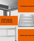 Heavy Duty Foldable Stainless Steel Workbench With Reinforced Crossbeams Thickened Square Countertop showing legs and underside ribs.