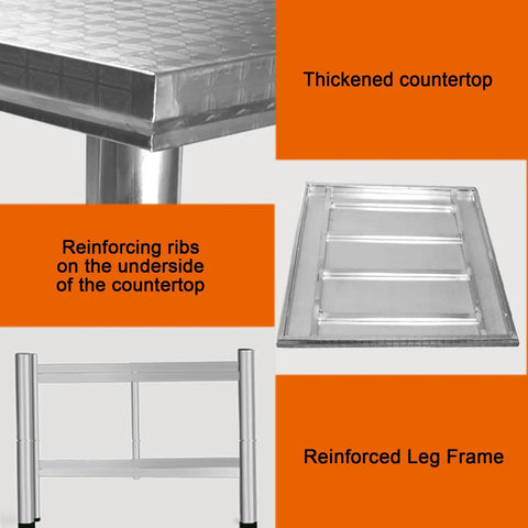 Heavy Duty Foldable Stainless Steel Workbench With Reinforced Crossbeams Thickened Square Countertop showing legs and underside ribs.