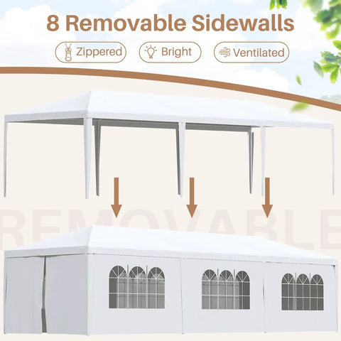 10x30 Outdoor Canopy With 6 Removable Side Walls, Heavy Duty Gazebo Shelter with open frame view and assembled tent with windows