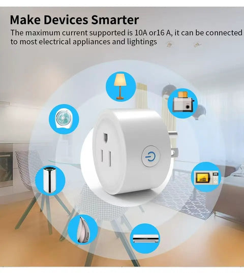 Two Pack Smart Plug That Just Works WiFi Outlet 16A 2200W Max with icons of connected appliances, home setting