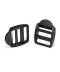 Two black 12 Pack 3/4 Inch Plastic Ladder Buckles for Backpack Straps and Nylon Webbing, angled view, showing slots and grooves.